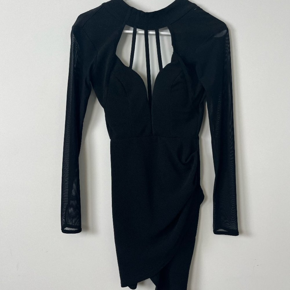 Selfie Leslie Strappy Cinched Bodycon Mini Long Sleeve Black Dress XS